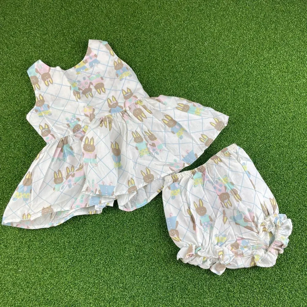 Vintage 60s 70s California Gal Easter Spring Bunny Print 2Pc Bloomer Set Sz 2T
